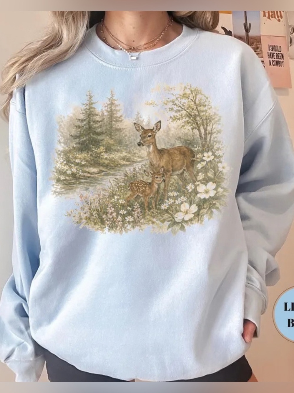 Gildan Light Blue Deer & Fawn Graphic Crewneck Sweatshirt